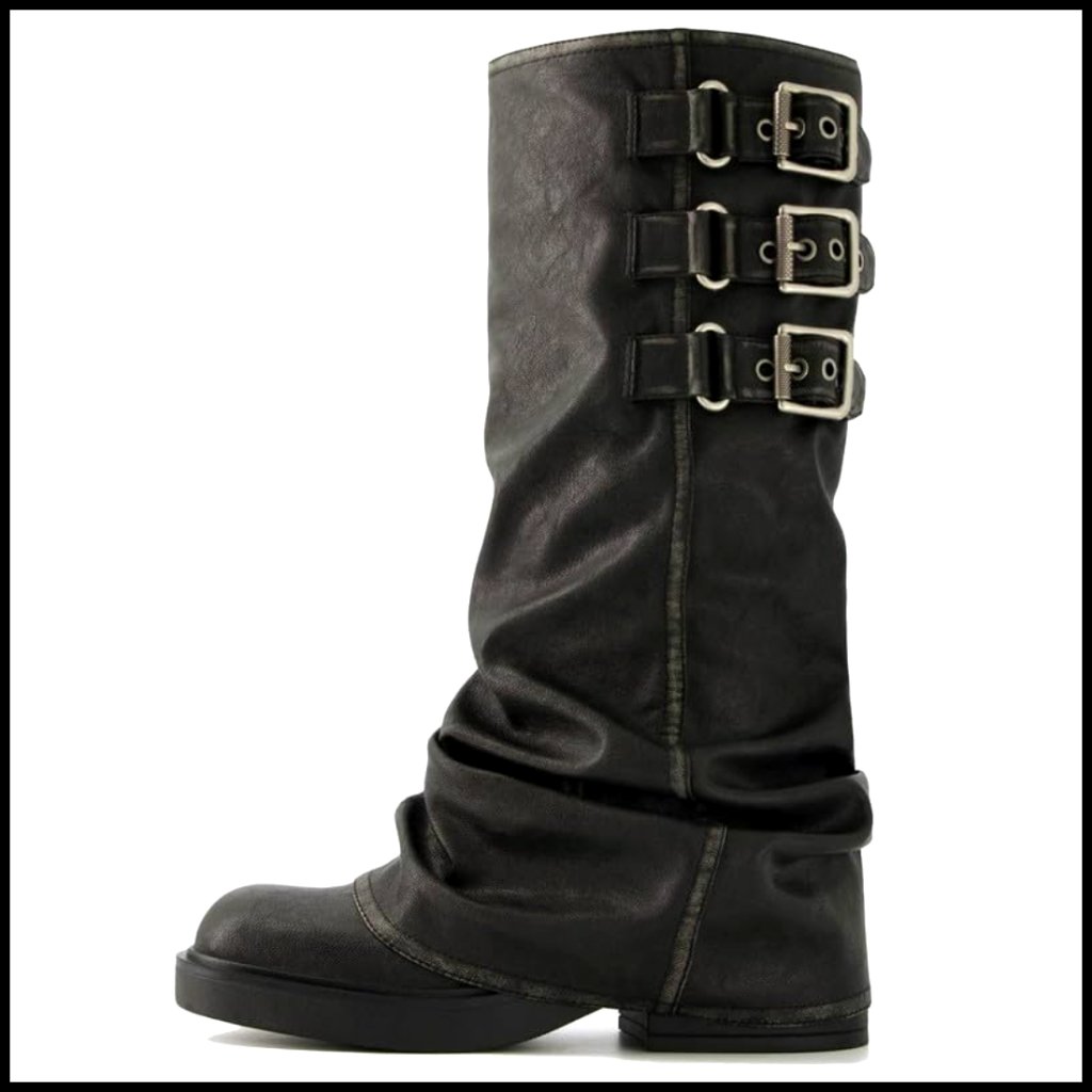 Chunky Platform Knee High Boots Fold Over Slouch Gothic Motorcycle Style